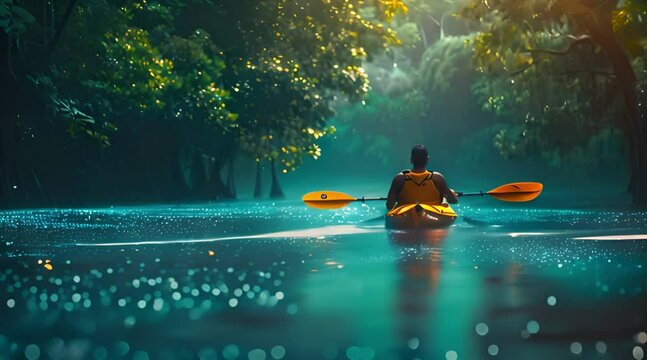 Solo Expedition Explorer in Kayak Navigating Bioluminescent Lagoon's Tranquil Waters, Immersed in Natural Wonder
