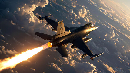Formation of Fighter Jets in Aerial Maneuver
F-16 Fighter Jet Releasing Flares at Dusk
Military Aircraft in Combat Simulation at Sunset - obrazy, fototapety, plakaty