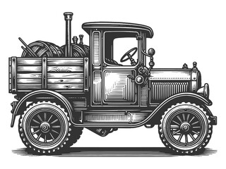 Fototapeta na wymiar farm truck with wooden barrels sketch engraving generative ai raster illustration. Scratch board imitation. Black and white image.