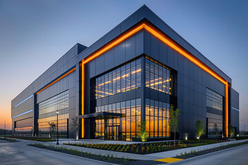 A black building with metal sheet cladding, glass windows and illuminated lights in the front yard of an industrial park designed in the style of a famous architect. Created with Ai