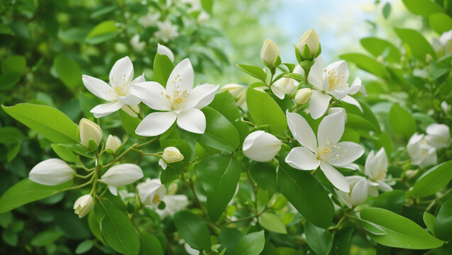 A photo of white flowers and green leaves