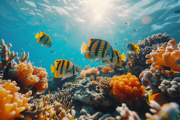 Naklejka na ściany i meble Tropical sea underwater fishes on coral reef. Aquarium oceanarium wildlife colorful marine panorama landscape nature snorkeling diving