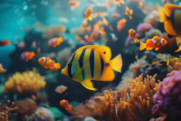 Tropical sea underwater fishes on coral reef. Aquarium oceanarium wildlife colorful marine panorama landscape nature snorkeling diving - obrazy, fototapety, plakaty