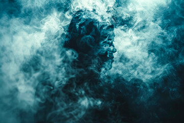 Mysterious Woman's Profile Enshrouded in Blue Smoke - obrazy, fototapety, plakaty