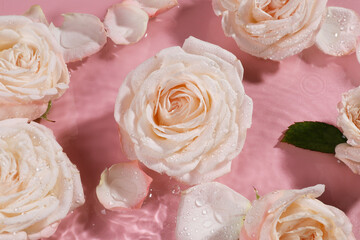 Beautiful roses and petals in water on pink background, top view