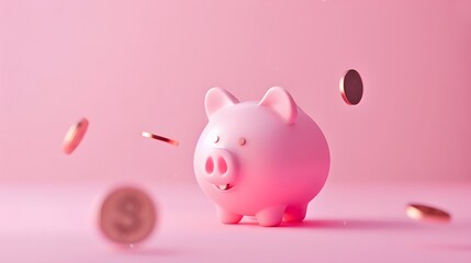 Cute Pink Piggy Bank Collecting Coins on a Soft Pink Background. Concept of Savings and Financial Security in a Minimalist Style. Effective Savings Strategy Visualization. AI - obrazy, fototapety, plakaty
