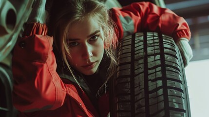 A determined young woman in a red jacket examines a car tire in a dimly lit garage setting. - Powered by Adobe