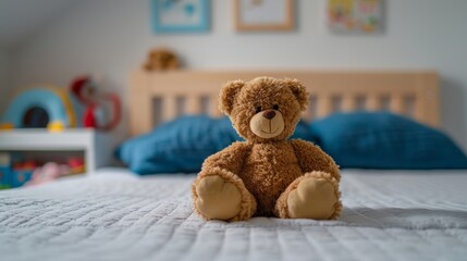 A plush teddy bear sitting alone on a white bedspread in a child's bedroom.