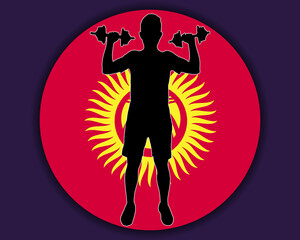 Fototapeta na wymiar Athlete with dumbbells front of Kyrgyzstan flag, bodybuilder silhouette vector