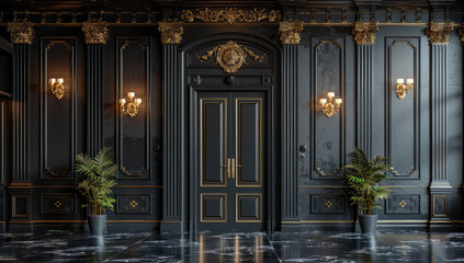  Black wood door with golden decoration, classical interior design, black walls and dark marble floor, tall ceiling with chandeliers. Created with Ai - obrazy, fototapety, plakaty