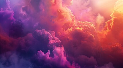Bright clouds of colorful powder billowing up into the sky, creating a breathtaking display of Holi...