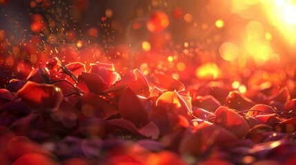 A sea of red rose petals illuminated by warm golden light, creating an atmosphere of romance and...