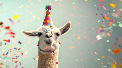 Fototapeta premium A cheerful llama wearing a colorful party hat celebrates amidst a shower of confetti.