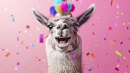 Obraz premium A joyful llama wearing a party hat surrounded by colorful flying confetti.