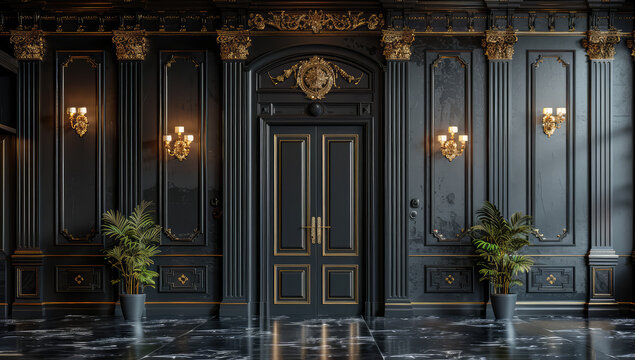  Black wood door with golden decoration, classical interior design, black walls and dark marble floor, tall ceiling with chandeliers. Created with Ai