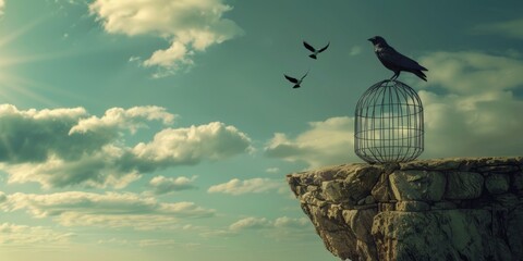The bird that was freed from the cage Soar gracefully across the vast sky against the backdrop of the sunset and the calm sea. - obrazy, fototapety, plakaty