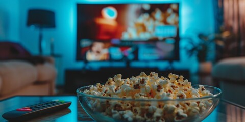 Bowl of popcorn in focus with a blurred television screen and cozy living room background.