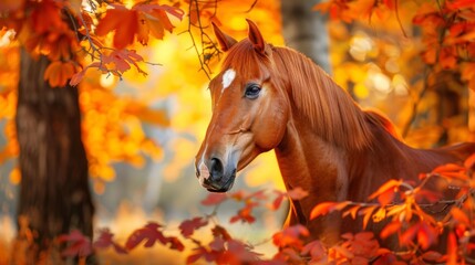 A majestic chestnut horse stands amid the stunning colors of autumn leaves, radiating natural beauty and tranquility.