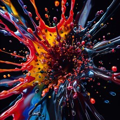 Ferrofluid in motion, creating fluid, spiky structures as it reacts to the influence of a magnetic field. The vibrant colors and kinetic energy evoke a sense of controlled chaos - obrazy, fototapety, plakaty