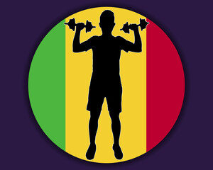 Athlete with dumbbells front of Mali flag, bodybuilder silhouette vector