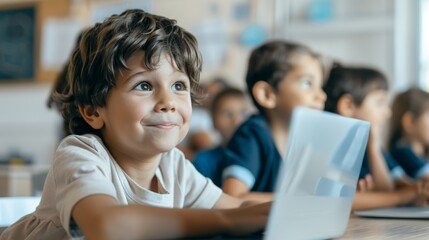 Curious little boy using a tablet during class in a modern educational setting, symbolizing early childhood education.