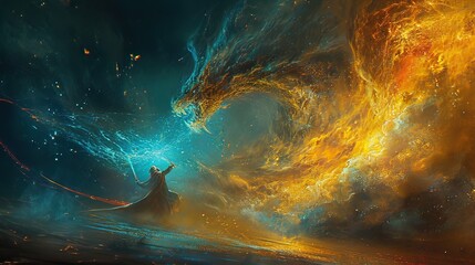 heroic figure, sword drawn, engaged in battle with a fearsome mythical beast, dragon or demon. The creature's scales shimmer with magical energy, and the hero is surrounded by swirling elements