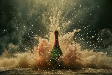 Champagne bottle mid-explosion, with effervescent bubbles frozen in mid-air. The high-speed photography reveals the excitement and energy associated with celebration.