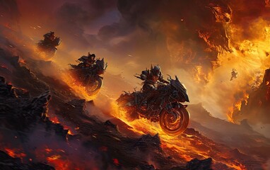 Group of adventurers races across the fantasy treacherous landscape of infernal war machines.  - obrazy, fototapety, plakaty