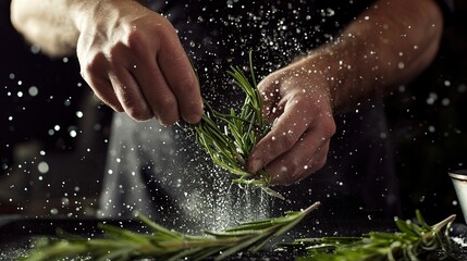 Chef's hands crushing fresh rosemary leaves to infuse flavor into a dish. The motion is frozen in time, emphasizing the aromatic essence of the herb. culinary art.