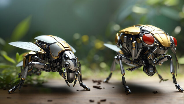A golden steampunk beetle with glowing red eyes