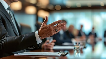 Charismatic speaker at the head of the boardroom table, using hand gestures to emphasize key points. The blurred background of attentive board members creates a sense of motion and engagement.