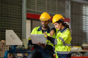 technician Factory mentor teaching apprenticeship trainee operating machine looking monitors and...