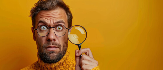 A comical portrait of a man investigating something with a magnifying glass against a yellow background, wearing a sweater. - obrazy, fototapety, plakaty