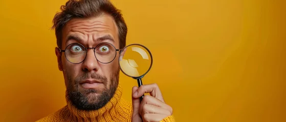 Fotobehang A comical portrait of a man investigating something with a magnifying glass against a yellow background, wearing a sweater. © ChubbyCat