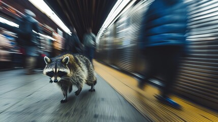 Raccoon navigating a bustling subway station, blending into the chaos of commuters. - obrazy, fototapety, plakaty