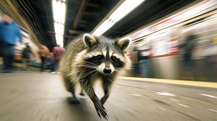 Raccoon navigating a bustling subway station, blending into the chaos of commuters. - obrazy, fototapety, plakaty