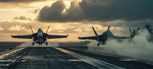 Fighter jets taking off from an aircraft carrier, emphasizing the raw power and precision of naval aviation.