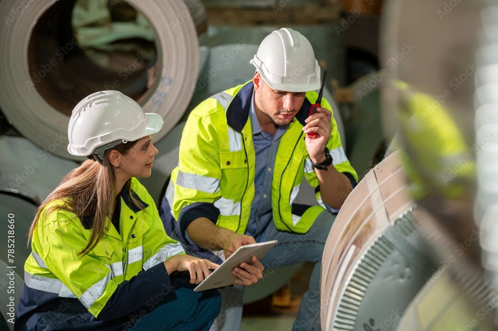 Wall mural technician Factory mentor teaching apprenticeship trainee operating machine looking monitors and check Production process machinery. Two engineer technician foreman worker explaining control machine