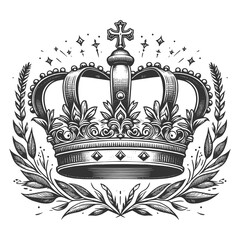 regal royal crown, intricately adorned with patterns and a cross, symbolizing royalty and heritage sketch engraving generative ai raster illustration. Scratch board imitation. Black and white image. - obrazy, fototapety, plakaty