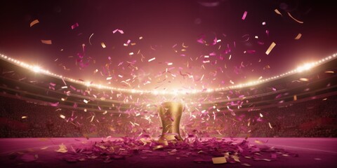 Magenta background, football stadium lights with gold confetti decoration, copy space for advertising banner or poster design - obrazy, fototapety, plakaty