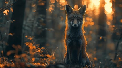 Surreal fox outline, dense forest backdrop, close-up, ground-level shot, twilight shadows  - obrazy, fototapety, plakaty