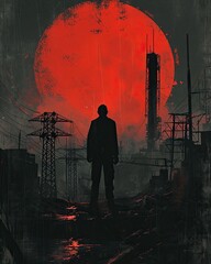 A dystopian scene with a faceless, authoritarian monster figure overlooking a landscape marred by pollution and decay. The figure's silhouette is backlit by the glow of a corrupted, blood-red sun.  - obrazy, fototapety, plakaty