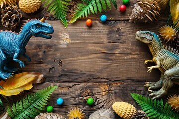 Dinosaur themed background with colorful dinosaur toys, ferns and conifer cones on a wooden table. Top view of a frame for text or decoration. Dino party concept. Dinosaur Day. - obrazy, fototapety, plakaty