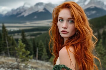 A fiery redhead with emerald-green eyes captivates against the rugged backdrop of Banff National Park. Her magnetic presence adds a touch of sensuality to the serene mountainous landscape.