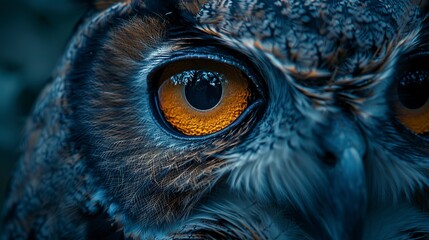 Mystical owl eyes, forest night, close-up, straight-on angle, soft moonlight glow 