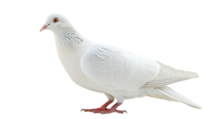 The white dove is a symbol of peace and hope. Beautiful bird stand isolated on a white background. Street pigeon. Love and peace concept.