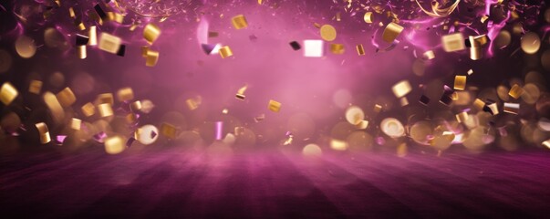 Magenta background, football stadium lights with gold confetti decoration, copy space for advertising banner or poster design