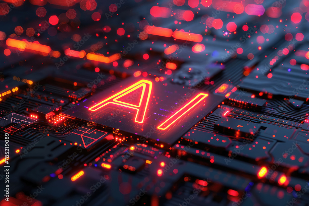 Poster computer micro chip with ai sign, artificial intelligence concept