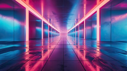 A futuristic abstract photograph featuring a glossy, reflective floor with neon-lit geometric shapes reflecting upward.