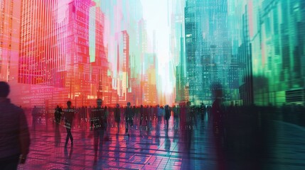 A futuristic cityscape with people turning into streams of digital code, seemingly pushed out of the physical realm. The transition from human to code is depicted in a glitch-art style - obrazy, fototapety, plakaty